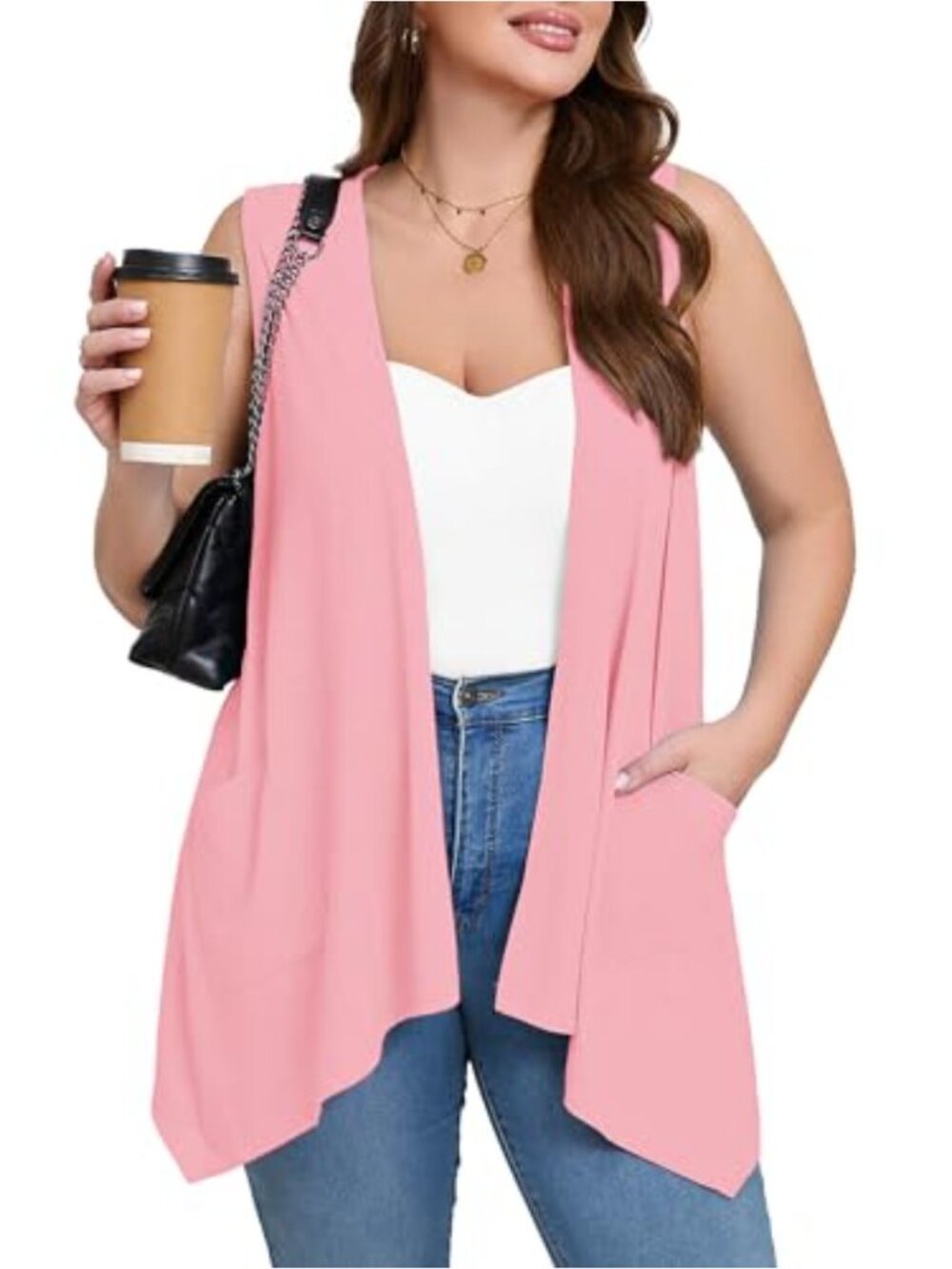Plus Size Sleeveless Cardigan Open Front Long Duster with Pockets